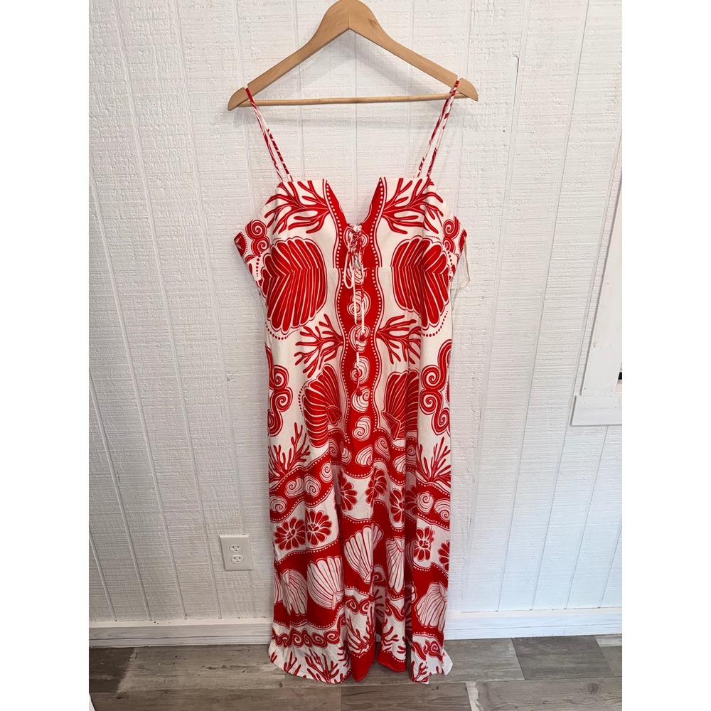 Farm Rio Maxi Dress Women XL Red White Shell Coral Print Lace Up Linen Blend